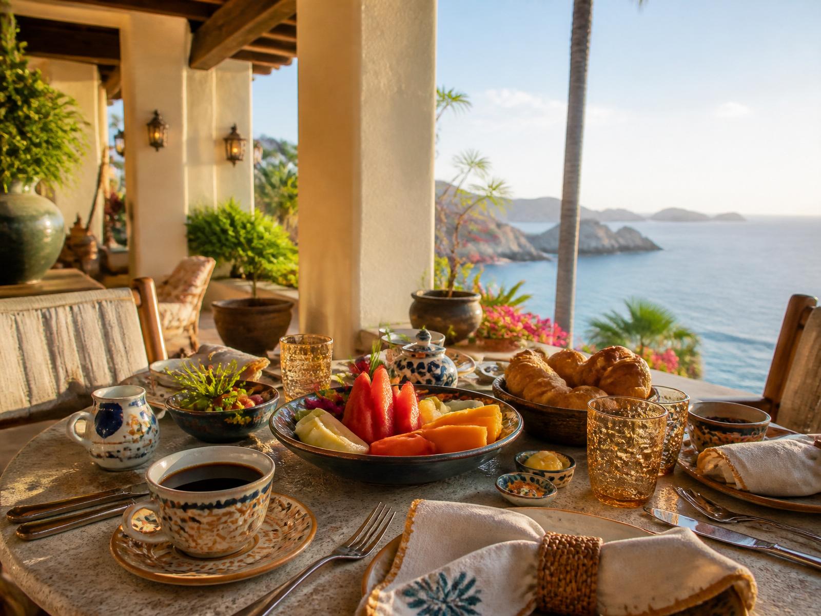 Villa breakfast with fresh fruit and coffee overlooking the ocean