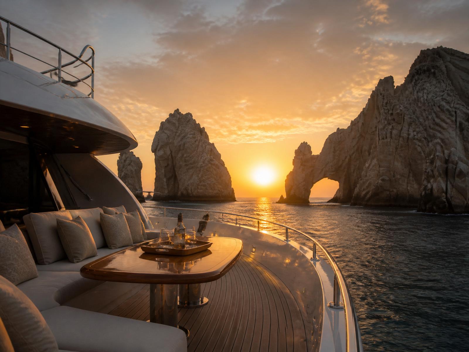 Private yacht at sunset near El Arco, Cabo San Lucas